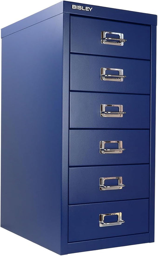Bisley 6-Drawer Steel MultiDrawer Cabinet - Oxford Blue | Chrome Pull Handles with Label Holders, Powder-Coated Steel, Removable Drawers, Fits Under Most Desks, Labels Included