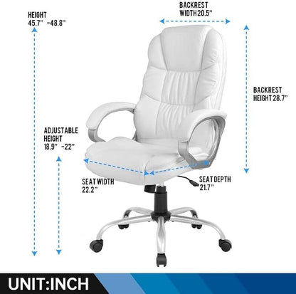 Office Chair Computer High Back Adjustable Ergonomic Desk Chair Executive PU Leather Swivel Task Chair with Armrests Lumbar Support (White)