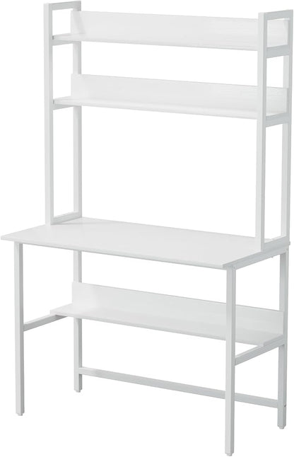 Aquzee Computer Desk with Hutch, 40“W x 19.6" D Desk with Shelves, Tall Home Office Desk with Bookshelf, Metal Legs Study Table with Upper Storage Shelf for Study Writing/Workstation, White