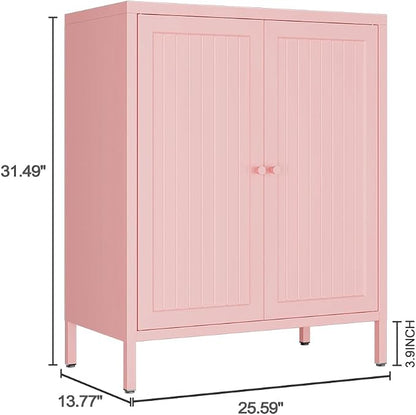 Metal Accent Storage Cabinet for Home,LivingRoom, Office,Kitchen- Metal Locker Cabinet with 1 Adjustable Shelves-Bathroom Floor Storage Cabinet Freestanding Organizer(Stripe Door, Pink)