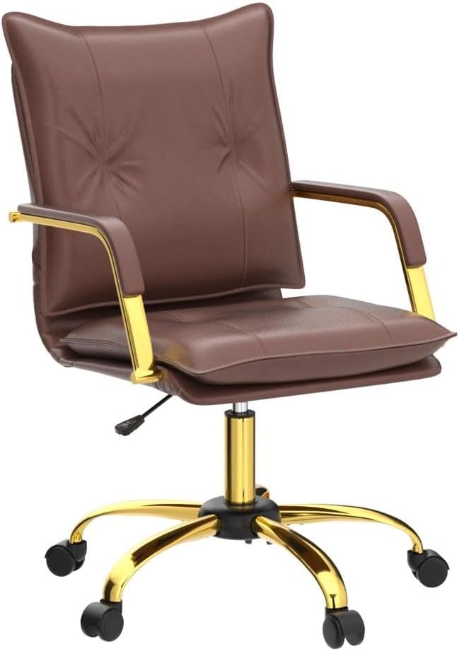 HULALA HOME Faux Leather Home Office Desk Chair, Adjustable Swivel Computer Chair with Golden Legs and Arms, Comfy Upholstered Task Chair, Brown