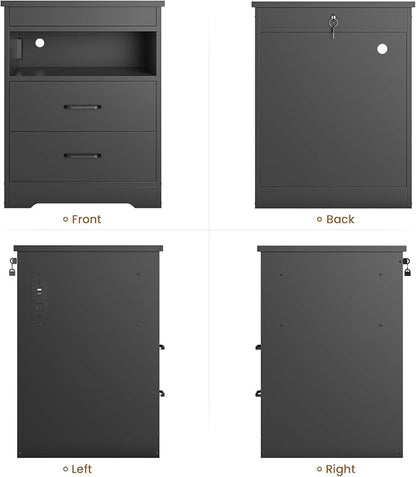 DICTAC Nightstand with Charging Station and LED Lights, Bedside Table with Lockable Sliding Desktop, Modern Night Stand with Storage Drawers and Open Shelf, End Side Table for Bedroom, Home Office