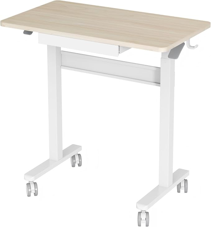 Standing Desk for Walking Pad with Wheels, Pneumatic Cordless Height Adjustable Rolling Desk, Computer Workstation with Drawer Hook Locking Casters for Treadmill Home Office, Light Wood