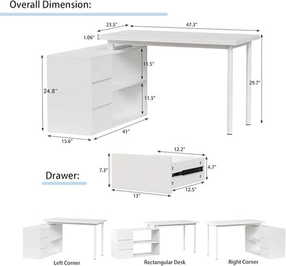 Bobve L Shaped Computer Desk, 47 Inch Home Office Desk with File Drawers & Storage Shelves, Small Corner Computer Desk for Small Space (White)