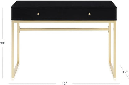 BELLEZE Modern 42 Inch Makeup Vanity Dressing Table or Home Office Computer Laptop Writing Desk with Two Storage Drawers, Wood Top, and Gold Metal Frame - Bronte (Black)