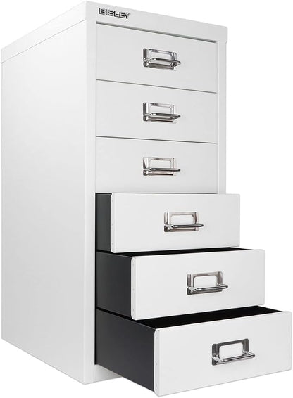 Bisley 6-Drawer Steel MultiDrawer Cabinet - Traffic White | Chrome Pull Handles with Label Holders, Powder-Coated Steel, Removable Drawers, Fits Under Most Desks, Labels Included