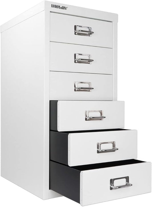 Bisley 6-Drawer Steel MultiDrawer Cabinet - Traffic White | Chrome Pull Handles with Label Holders, Powder-Coated Steel, Removable Drawers, Fits Under Most Desks, Labels Included