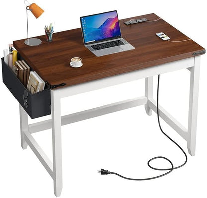 EnHomee 32 Inch Small Writing Desk with Power Outlet and Storage Bag, Student Desk for Bedroom and Dorm Room, Home School Desk for Teens, Brown & White
