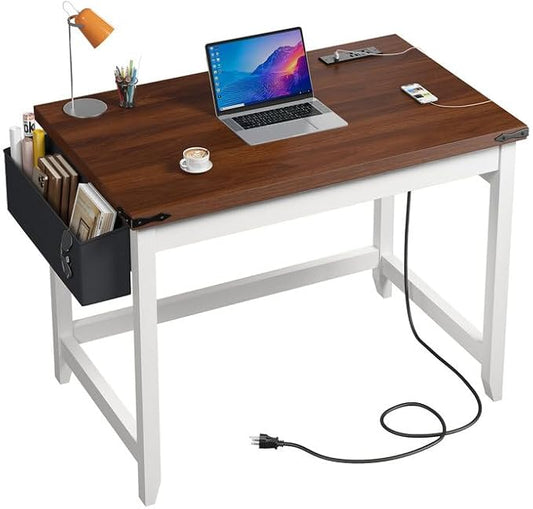 EnHomee 32 Inch Small Writing Desk with Power Outlet and Storage Bag, Student Desk for Bedroom and Dorm Room, Home School Desk for Teens, Brown & White