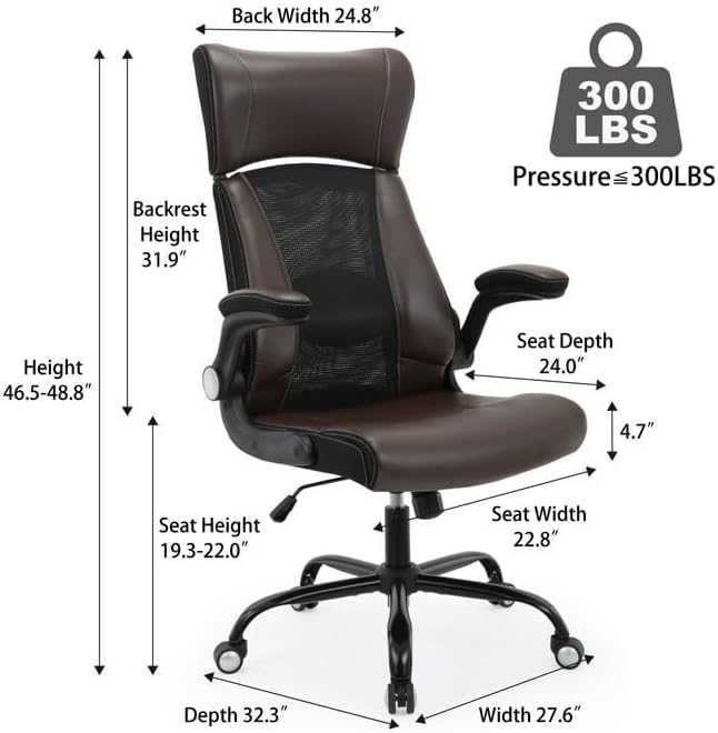 ZLHECTO® Executive Office Chair, Ergonomic Leather Desk Chair, Widened Adjustable Headrest with Flip-Up Arms, High Back Computer Swivel Task Chair with Lumbar Support, Brown