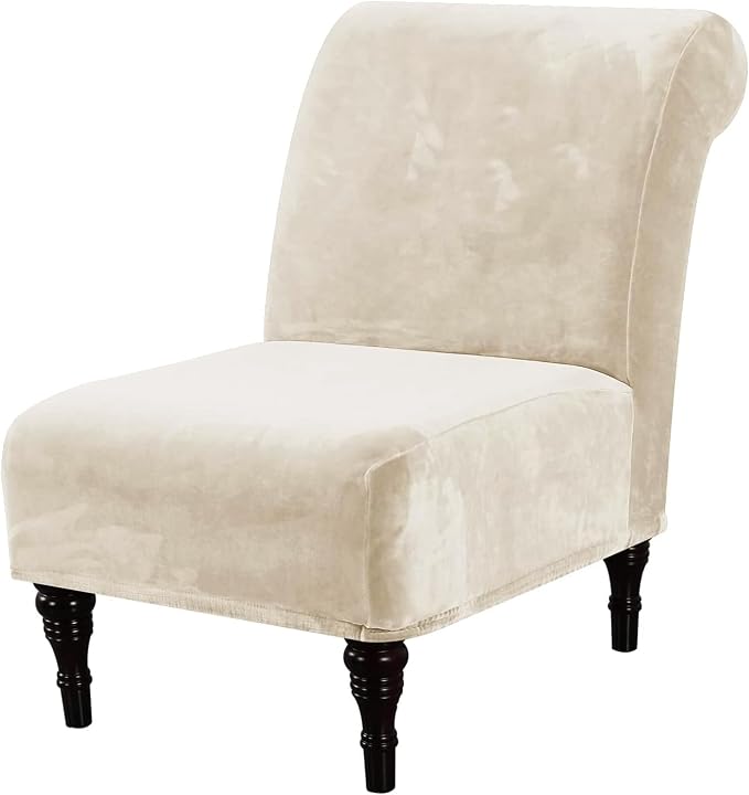 H.VERSAILTEX Armless Accent Chair Covers Thick Velvet Armless Chair Slipcovers High Stretch Chair Covers for Living Room Hotel Machine Washable Furniture Protector with Elastic Bottom, Ivory