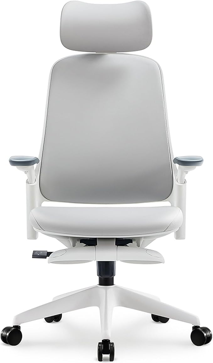 Sunaofe Boss Pro Leather Ergonomic Office Chair with Footrest - Executive Chair, 4D Armrests, Adaptive Lumbar, 125° Recline, 300lb Capacity, 5-Year Warranty White Frame/Greyish