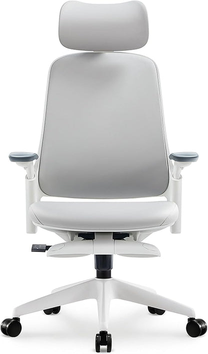 Sunaofe Boss Pro Leather Ergonomic Office Chair with Footrest - Executive Chair, 4D Armrests, Adaptive Lumbar, 125° Recline, 300lb Capacity, 5-Year Warranty White Frame/Greyish