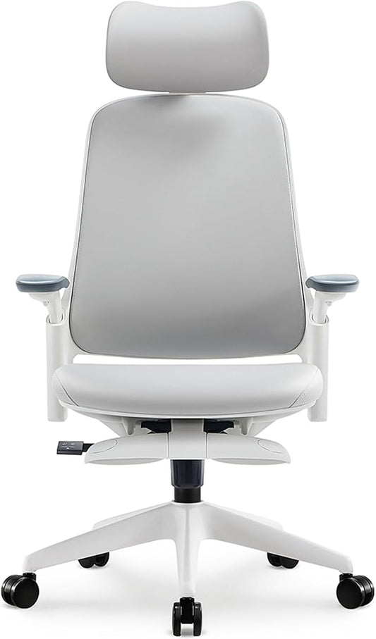 Sunaofe Boss Pro Leather Ergonomic Office Chair with Footrest - Executive Chair, 4D Armrests, Adaptive Lumbar, 125° Recline, 300lb Capacity, 5-Year Warranty White Frame/Greyish