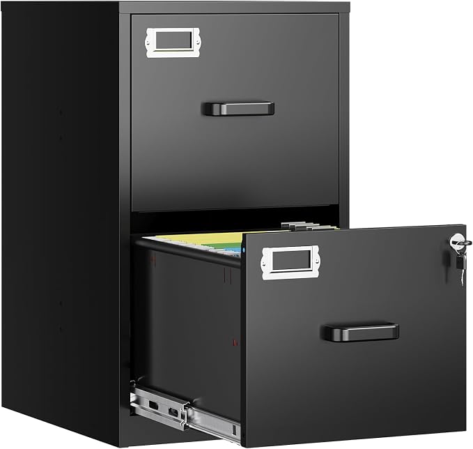 2 Drawer File Cabinet with Lock, Metal Filing Cabinets for Home Office, Vertical Small Caninet for Home Office, Black Steel Narrow Two Drawer File Cabnet for Letter/File Box- Assembly Required
