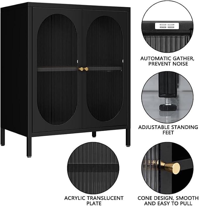 2 Translucent Door Metal Accent Storage Cabinet for Home, Living Room, Office Room,Kitchen-Metal Locker Cabinet with 1 Adjustable Shelves-2-Tier (Black)