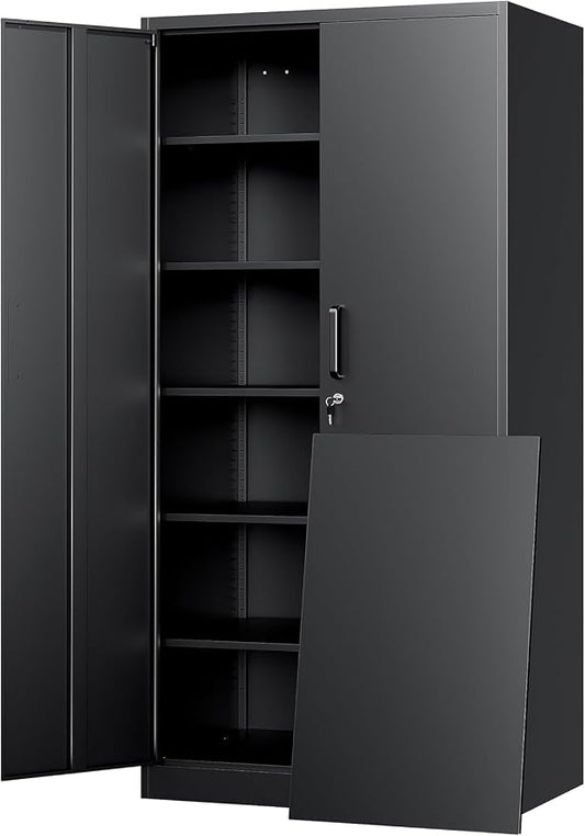 72"H Metal Storage Cabinets, Tall Locking Garage Cabinet with 2 Doors and 5 Adjustable Shelves, Steel Utility Tool Caninet, Black Lockable Outdoor Storage Cabnet for Pantry, Garage, Home Office