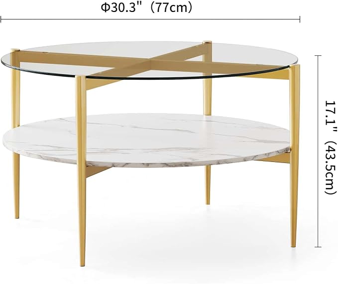 LumFurn Round Coffee Table for Living Room, Mid-Century Modern Design, D30 x H17, 2-Tier Structure, Clear Glass Top and White Marble Finish Wood Shelf, Sleek Conical Metal Legs with Gold Finish Frame