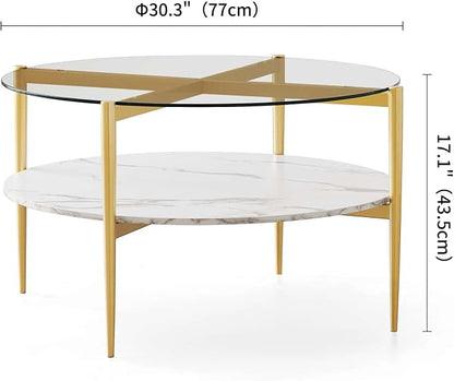LumFurn Round Coffee Table for Living Room, Mid-Century Modern Design, D30 x H17, 2-Tier Structure, Clear Glass Top and White Marble Finish Wood Shelf, Sleek Conical Metal Legs with Gold Finish Frame