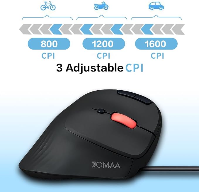 JOMAA Wired Trackball Mouse – 6-Button Ergonomic Design with CPI Switch (400/800/1200/1600), Red LED Indicator, 250Hz Polling Rate, Plug & Play, for PC, Laptop, Desktop (Black)