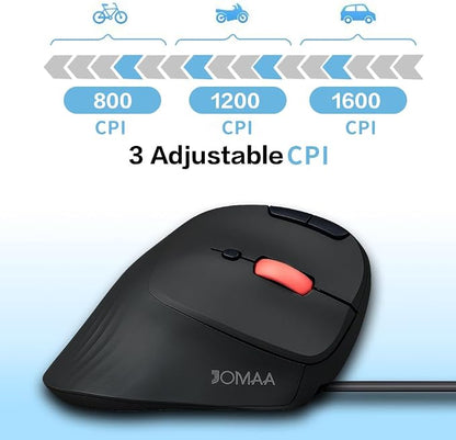 JOMAA Wired Trackball Mouse – 6-Button Ergonomic Design with CPI Switch (400/800/1200/1600), Red LED Indicator, 250Hz Polling Rate, Plug & Play, for PC, Laptop, Desktop (Black)