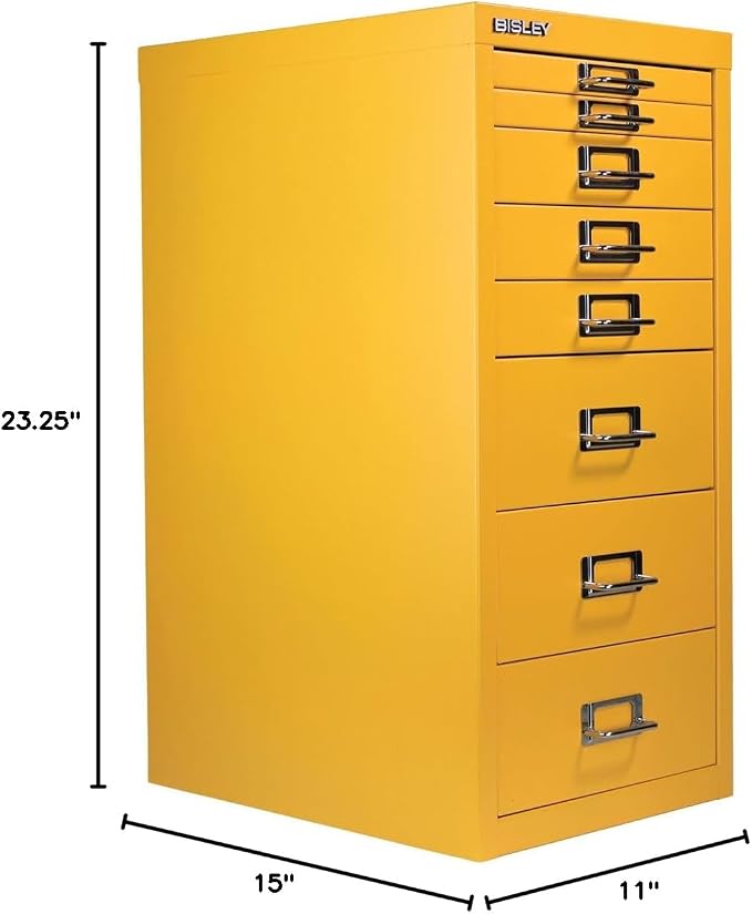 Bisley 8-Drawer Steel MultiDrawer Cabinet - Golden Sunflower Yellow | Chrome Pull Handles with Label Holders, Powder-Coated Steel, Removable Drawers, Fits Under Most Desks, Labels Included
