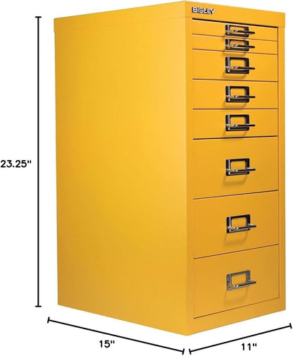 Bisley 8-Drawer Steel MultiDrawer Cabinet - Golden Sunflower Yellow | Chrome Pull Handles with Label Holders, Powder-Coated Steel, Removable Drawers, Fits Under Most Desks, Labels Included