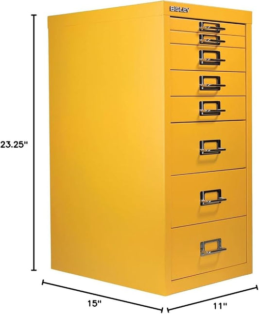 Bisley 8-Drawer Steel MultiDrawer Cabinet - Golden Sunflower Yellow | Chrome Pull Handles with Label Holders, Powder-Coated Steel, Removable Drawers, Fits Under Most Desks, Labels Included