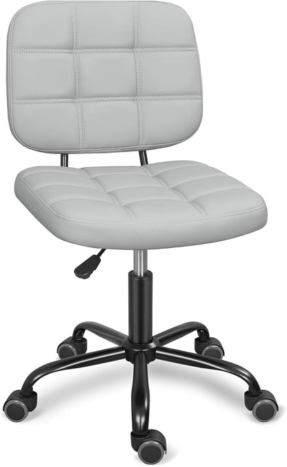 ERGOSEAT Armless Office Chair with Wheels, Small Desk Drafting Chair for Small Space, PU Leather Computer Task Chair, Height Adjustable Rolling Chair, Compact Chair for Home Office, Dorm, Light Grey
