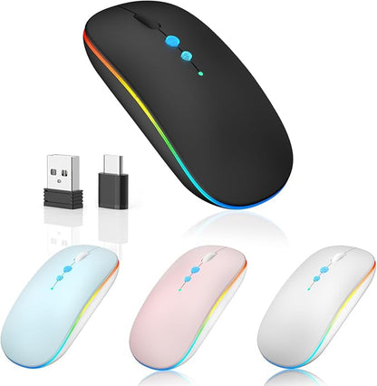 Halpilt LED Wireless Mouse A100S Rechargeable Portable Silent Mouse with Optional USB and Type-C Receiver 3-Speed Adjustable DPI for PC/Mac/Laptop (Frosted Black)