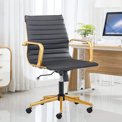 Black and Gold Office Chair with Arms, Faux Leather Ribbed Back, Adjustable Swivel Executive Chair for Home Office and Meeting Room