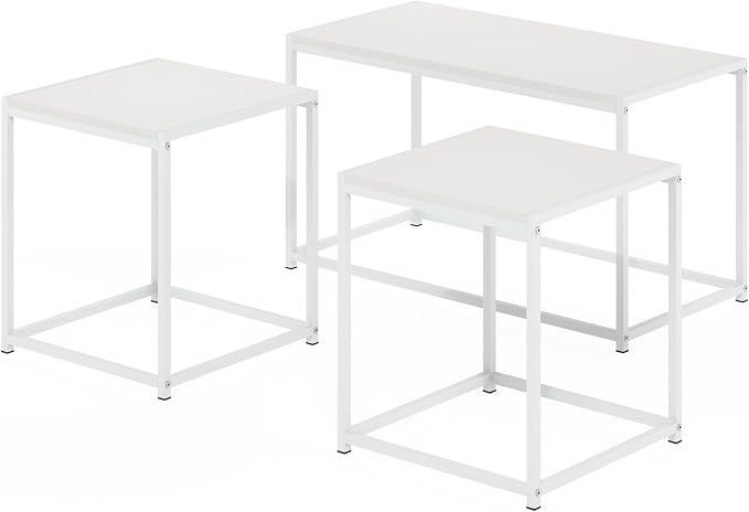 Furinno CAMNUS Coffee Table, Metal Frame Modern Center Table and Side Tables Set, Toolless Side Table Sets, for Living Room, Bedroom, Home Office, Solid White