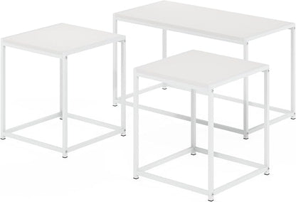 Furinno CAMNUS Coffee Table, Metal Frame Modern Center Table and Side Tables Set, Toolless Side Table Sets, for Living Room, Bedroom, Home Office, Solid White