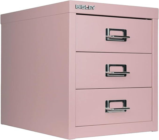 Bisley 3-Drawer Steel MultiDrawer Cabinet - Palest Pink | Chrome Pull Handles with Label Holders, Powder-Coated Steel, Removable Drawers, Desktop Storage, Labels Included