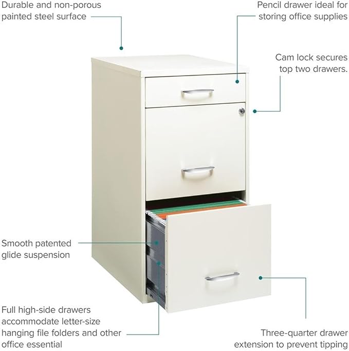 Pemberly Row Set of 5 Metal 3-Drawer Pearl White File Cabinet with Pencil-Drawer