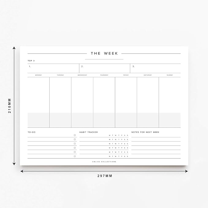 Bliss Collections Weekly Planning Pad, To Do List Notebook - Undated Tear-Off Sheets Notepad - Work Calendar, Organizer, Scheduler for Goals, Tasks - Minimalist, 8.5" x 11", 50 Sheets
