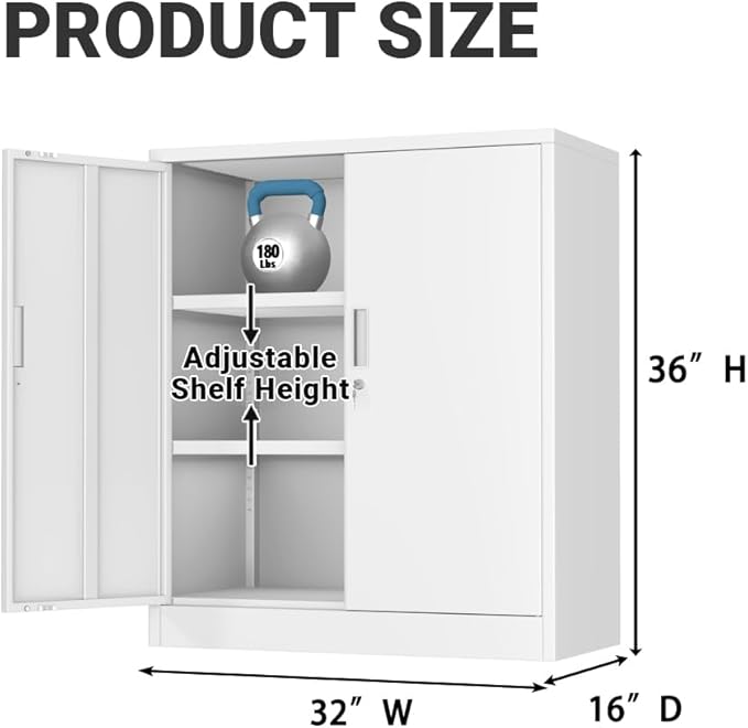 CJF Metal Storage Cabinet, 36" H Locking Storage Cabinet with Shelves and Doors for Home Office, Garage, Utility Room, Entryway(White)