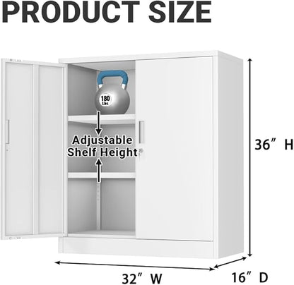 CJF Metal Storage Cabinet, 36" H Locking Storage Cabinet with Shelves and Doors for Home Office, Garage, Utility Room, Entryway(White)
