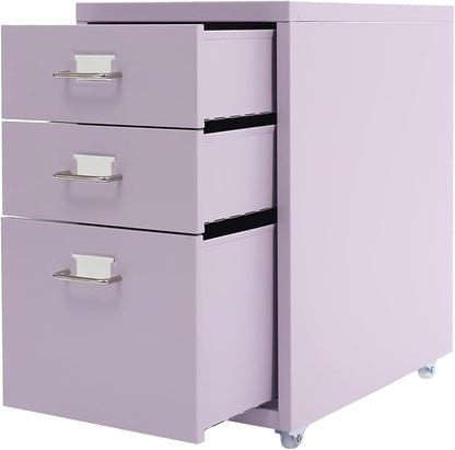 3-Drawer Mobile File Cabinet, Metal Filing Storage Cabinet with Wheels Small Nightstand Under Desk Organizer for Home Office (Purple)