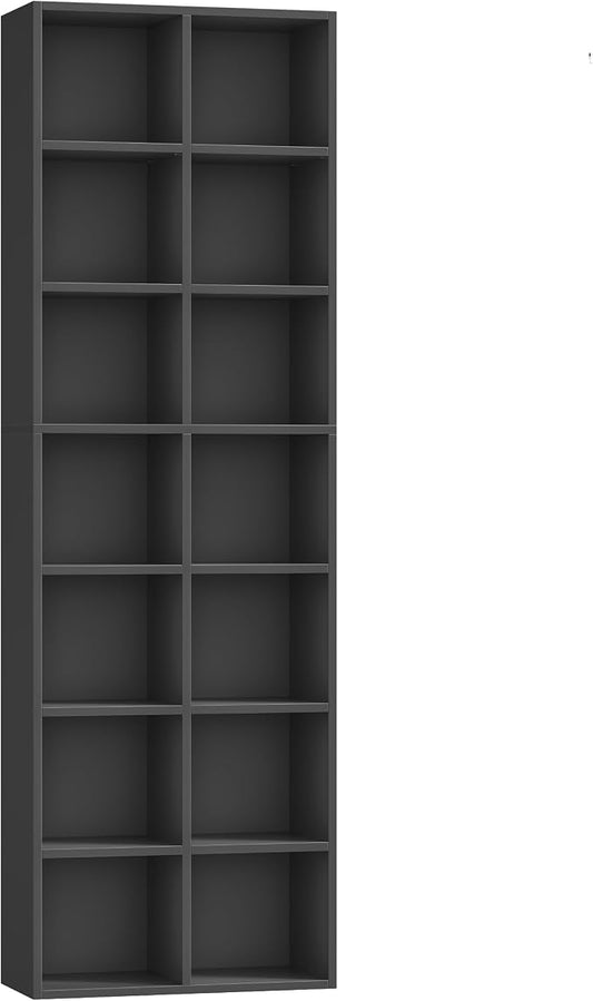 FOTOSOK 71'' Tall Bookshelf with 14 Cubes, 7 Tier Double Wide Black Bookshelf with 6 Adjustable Shelves, 19.6" Narrow Bookcase DVD/CD Media Storage, Space Saving Display Shelf Cabinet, Black