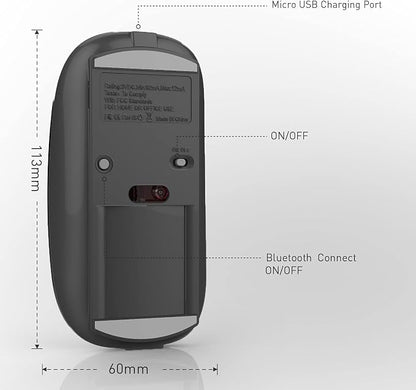 Rechargeable Bluetooth Mouse, Black, 450mAh Battery, 3 DPI Levels, Skin-Friendly, 10-Minute Power Saving