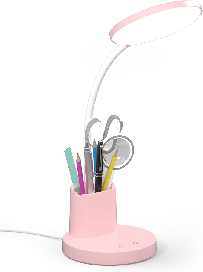 Desk Lamp, LED Desk Lamps for Home Office, Touch Table Lamp with 3 Color Modes 360° Adjustable Arm, Dimmable Desk Light with Pen Phone Holder for College Dorm, Pink