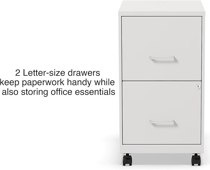 Staples 2-Drawer Vertical File Cabinet, Letter Size Documents, Lockable & Mobile, 18.9" D x 14.3" W x 26.3" H, White