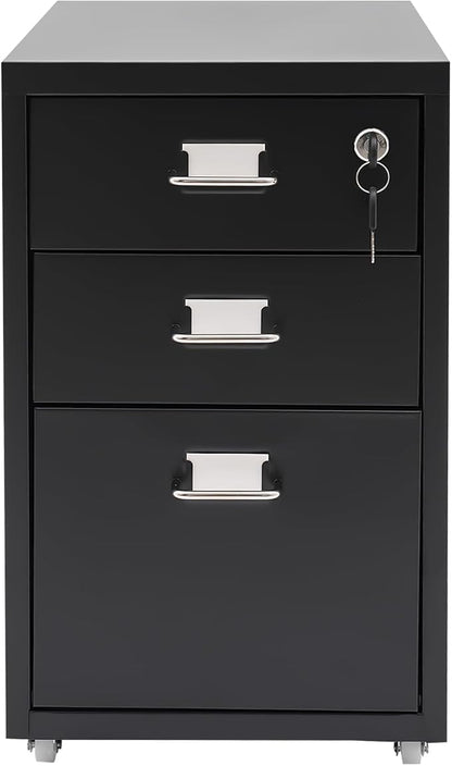 3 Drawer File Cabinet with Lock, Metal Vertical Filing Cabinets for Home Office Organizer Rolling File Cabinet with Lock and Wheels Under Desk Storage Cabinet (Black)