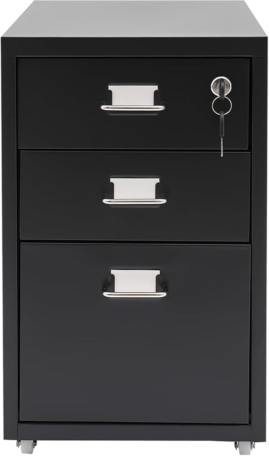 3 Drawer File Cabinet with Lock, Metal Vertical Filing Cabinets for Home Office Organizer Rolling File Cabinet with Lock and Wheels Under Desk Storage Cabinet (Black)