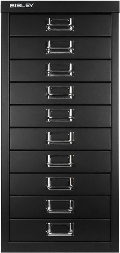 Bisley 10-Drawer Steel MultiDrawer Cabinet - Black | Chrome Pull Handles with Label Holders, Powder-Coated Steel, Removable Drawers, Fits Under Most Desks, Labels Included