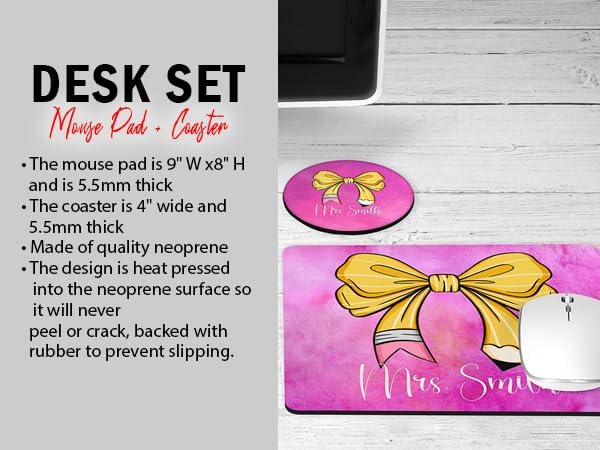 Personalized Teacher Mousepad and Coaster Desk Set Gift for Teachers Appreciation Back to School Classroom Decor Custom Handmade by The Painted Pug (Coquette Bow)