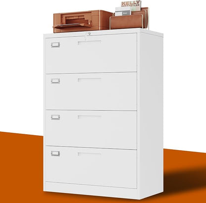BYNSOE 4 Drawer File Cabinet with Lock Metal Lateral File Storage Cabinet Office Home Steel Lateral File Cabinet for A4 Legal/Letter Size Wide File Cabinet Locked,Assembly Required (4 Drawer, White)
