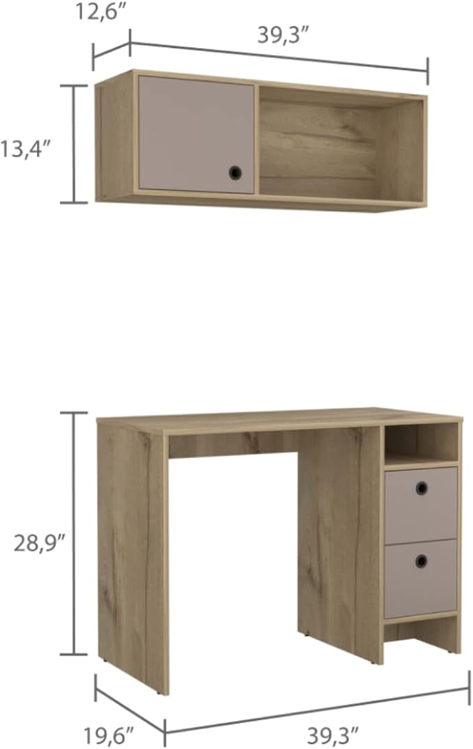 Aramis Office Set with 2 Shelves, 2 Drawers, Wall Cabinet, Single Door Cabinet, and Metal Hardware, Light Oak/Taupe – Complete Home Office Furniture Set