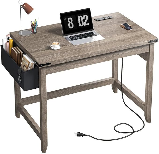 EnHomee 32" Farmhouse Writing Desk,Small Bedroom Desk with Power Outlet and Storage Bag, Sturdy Computer Desk for Small Spaces, Thickened Solid,Compact Home Office Desk for Bedroom Study,Ash Gray